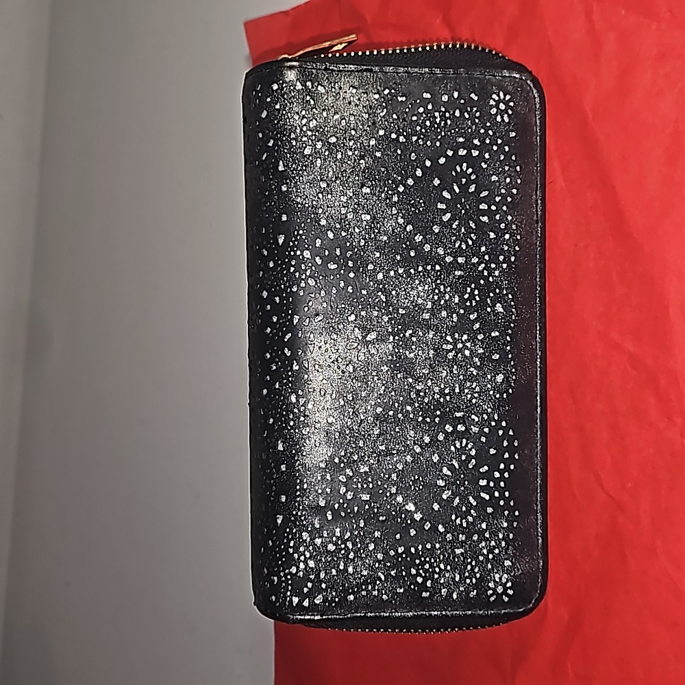 Maurices Metallic Black zip around wallet w/cutout detail 12 card slots + 3 sect